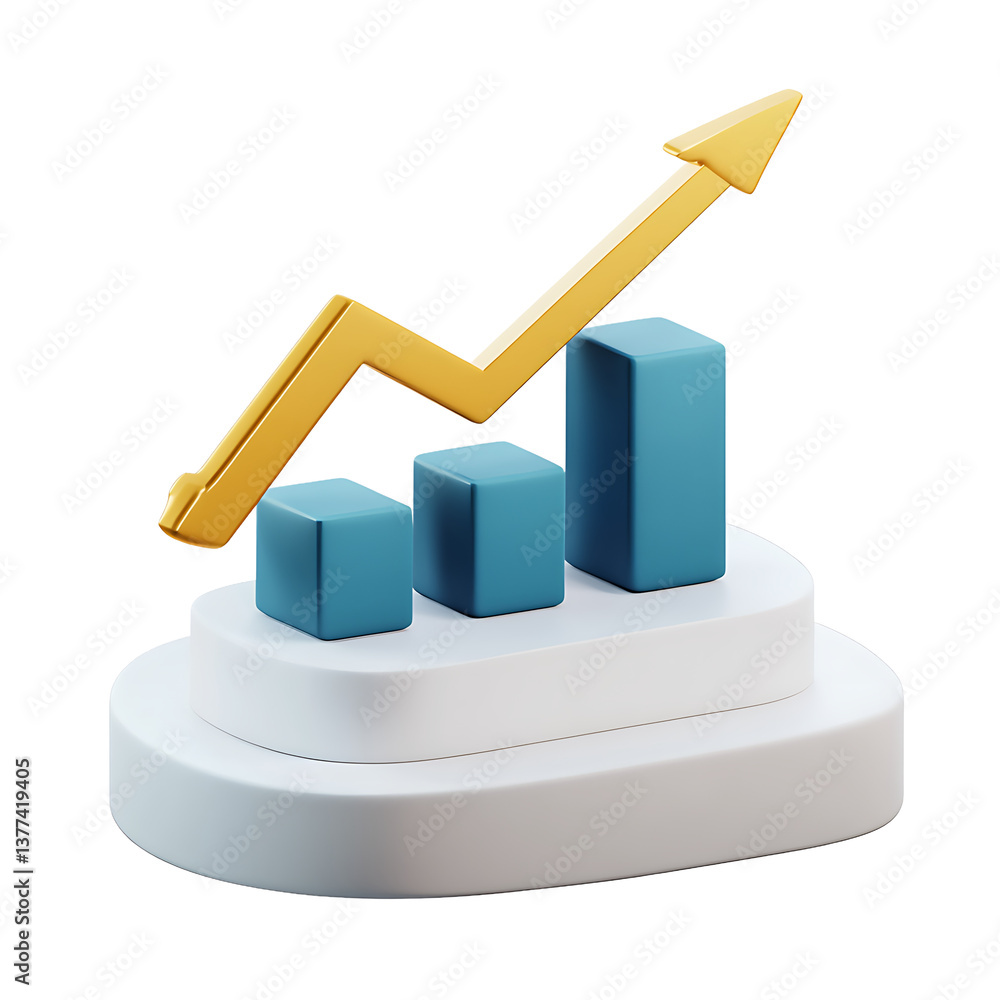 Poster 3d rendered growth chart with gold arrow displaying steady increase on tiered platform