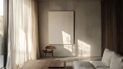Minimalist living room scene with soft curtain light and wall art bright background modern wallpaper