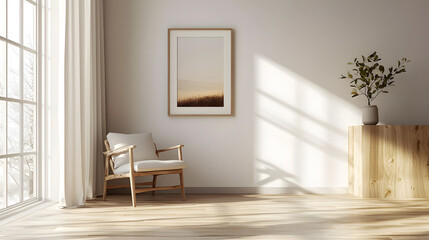 Fototapeta premium Minimalist wall art with soft curtain light in a serene room background wallpaper
