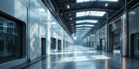 Fototapeta premium Futuristic Storage Facility An immersive panoramic shot of a futuristic, empty storage facility showcases sleek metallic surfaces, expansive glass windows