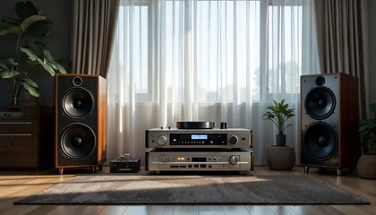 Stereo System Setup with Speakers in Room with Natural Light
