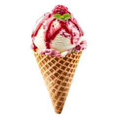 Raspberry ice cream cone with raspberry sauce and fresh berries isolated on transparent background