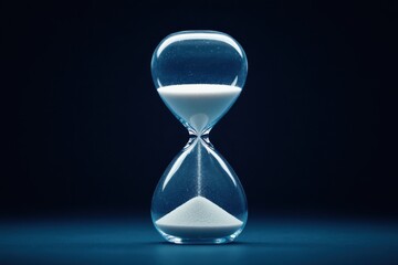 A clear glass hourglass with flowing white sand against a dark background, we witness minutes becoming history, a beautiful countdown to every scheduled moment