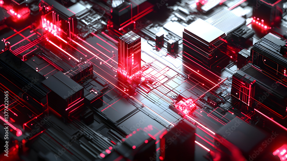 Poster dynamic red and black digital circuitry background wallpaper futuristic technology environment visua