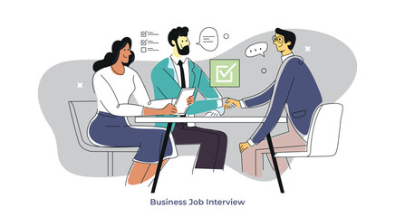 Business Job Interview - Vector doodle illustration of two men and woman. Recruitment Process, Hiring Discussion, HR Meeting,