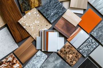 Assorted building materials samples displayed.  Various colors and textures of stone, wood, and laminate