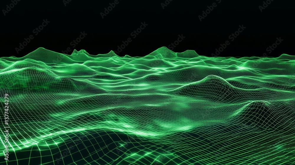 Poster futuristic green wireframe landscape with abstract wave patterns against black background