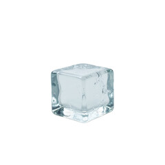 A clear ice cube with water droplets on a transparent background.