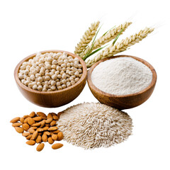 Bowl of grains and flour with wheat stalks on a  transparent background.