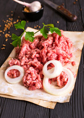 Raw minced pork. Black background. Top view. Space for text