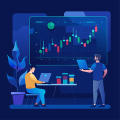 Isometric of a trader sitting on a laptop with a large financial screen showing stock market graphs and Buy Sell buttons. Stock trading, cryptocurrency, forex, investment.
