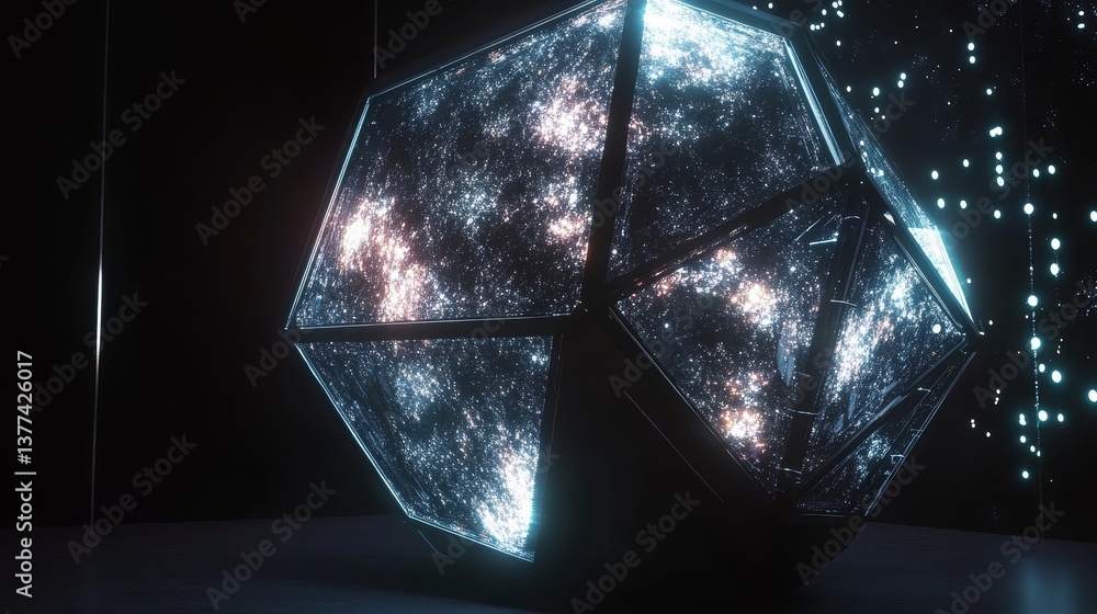 Poster glowing geometric structure with cosmic patterns and light reflections