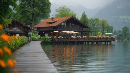 Obraz premium Lakeside chalet restaurant on a rainy day
