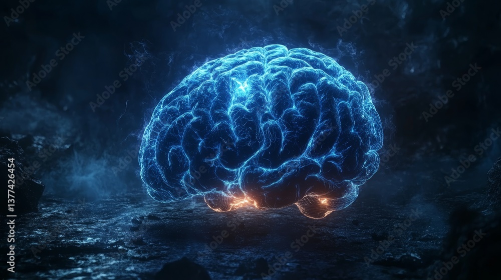 Poster glowing neural network brain in dark environment with electric currents