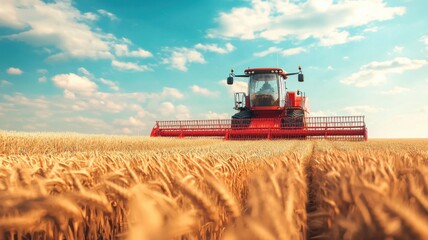 Obraz premium A vibrant agricultural scene featuring a red combine harvester working in a golden wheat field under a blue sky with fluffy clouds.