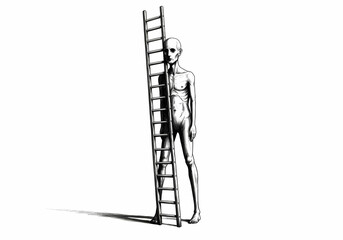 Surreal Black-and-White Illustration of Figure on Ladder