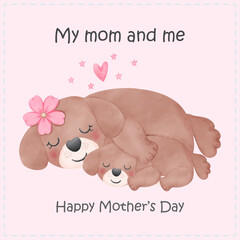 Mother's Day dog mom hugs her puppy in watercolor style illustration