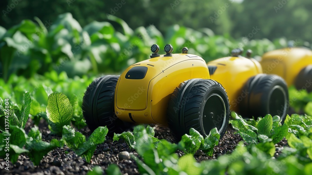 Poster a yellow robotic device navigates a verdant garden, showcasing technology integrating with agricultu