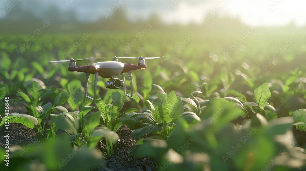 Poster a drone hovers over a lush green field, capturing data and enhancing agricultural practices in a vib