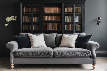 Elegant gray sofa in a dark study