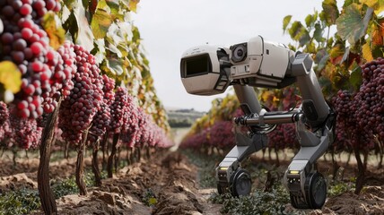 A robotic device navigates through a vineyard, surrounded by rows of grapevines filled with ripe grapes, showcasing technology in agriculture.