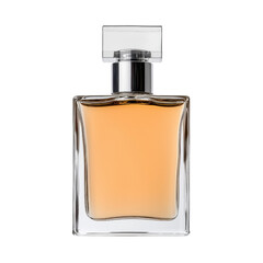 Clear glass perfume bottle with a light amber liquid. transparent background.