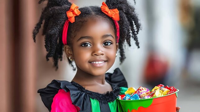 Happy African American Girl in Halloween Costume with Candy Bucket