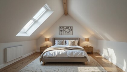 Cozy Attic Bedroom With Light Walls And Wood Beams