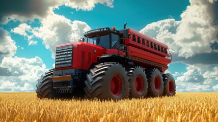 Fototapeta premium A large red agricultural vehicle with massive tires stands in a golden wheat field under a blue sky with fluffy clouds.