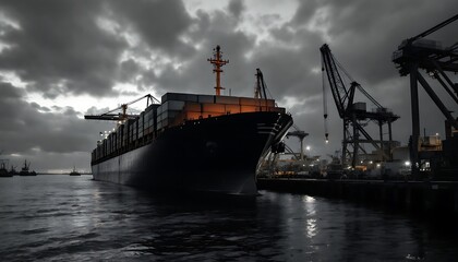 Cargo Ship Docking at Port with Cranes Under Dramatic Cloudy Sky