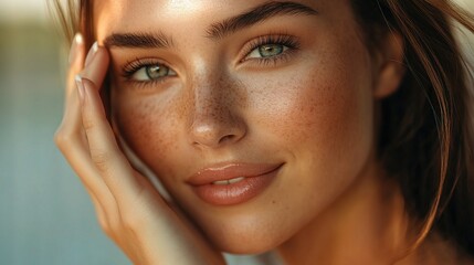 Fototapeta premium Radiant Portrait of Woman with Glowing Skin and Natural Beauty