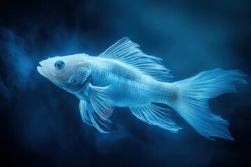 An elegant stylized fish swims gracefully through a deep blue ocean
