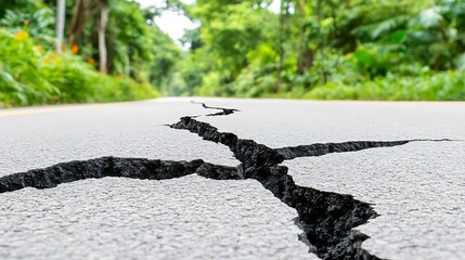 Cracked Asphalt Road  Natural Disaster  Earthquake Damage