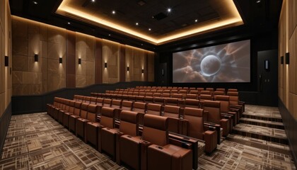 Empty Modern Cinema Auditorium With Brown Leather Seating And Ambient Lighting