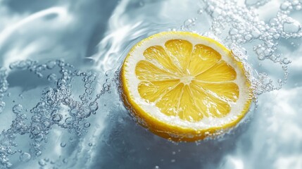 Refreshing lemon slice with bubbles in sparkling water