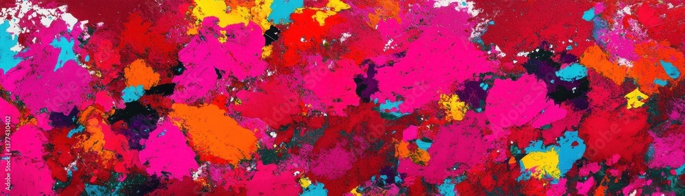 Poster A vibrant painting featuring an array of bright colors, showcasing dynamic shapes and patterns, set against a bold red background that enhances the overall energy and depth.