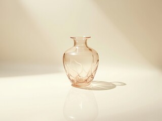 A delicate glass vase with a soft pink hue, featuring a rounded body and narrow neck, placed on a light background with subtle shadows