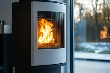 Modern Pellet Stove with Flickering Flames in Cozy Home Interior, Warm Fire Glow and Blurry Outdoor View - Stylish Heating Solution for Modern Decor