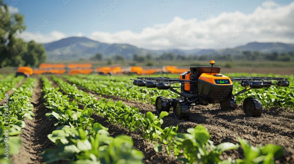 Poster a futuristic agricultural field with an autonomous robot tending to rows of leafy greens under a bri