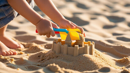 kid built a sand castle by toy