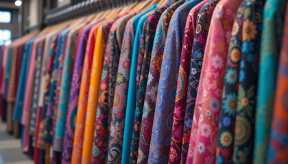 Colorful fabrics, Textile display, Vibrant patterns, Indian saris, Silk scarves, Fashion bazaar, Hanging textiles, Rainbow of colors, Traditional garments, Cloth market, Intricate designs, Fabric text