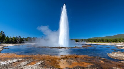 A dramatic shot of a geyser erupting high into the air, steam rising against the backdrop of a clear blue sky