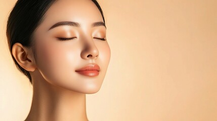 Fototapeta premium Serene Asian Woman with Glowing Complexion and Calm Expression