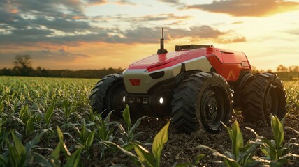 A robotic vehicle navigates a cornfield at sunset, showcasing advancements in agricultural technology and automation.