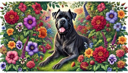 A Cane Corso dog sitting in a lush garden surrounded by colorful flowers, leaves, and butterflies