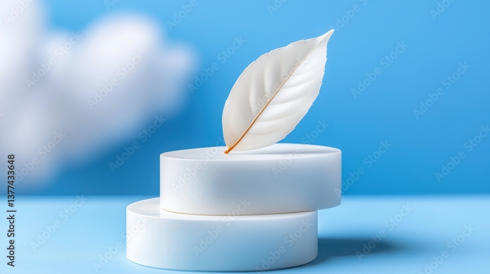 Poster a delicate feather resting on a white pill symbolizing carbon offsetting steps and the fragility of 