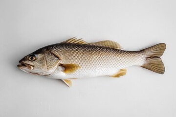 A single fresh fish lies on a neutral light background