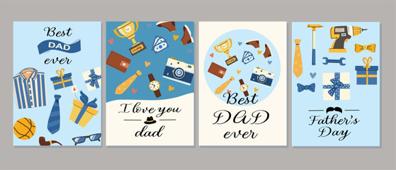 Father's day greeting card set with gift and hobby icons for celebrating dad.