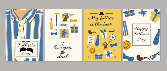 Father's day greeting card designs featuring gifts, tools, and sports themes for celebrating dad.