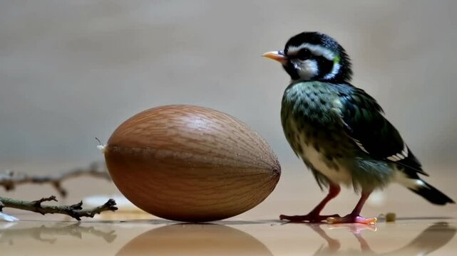 Cute baby bird peeking from behind a large nut